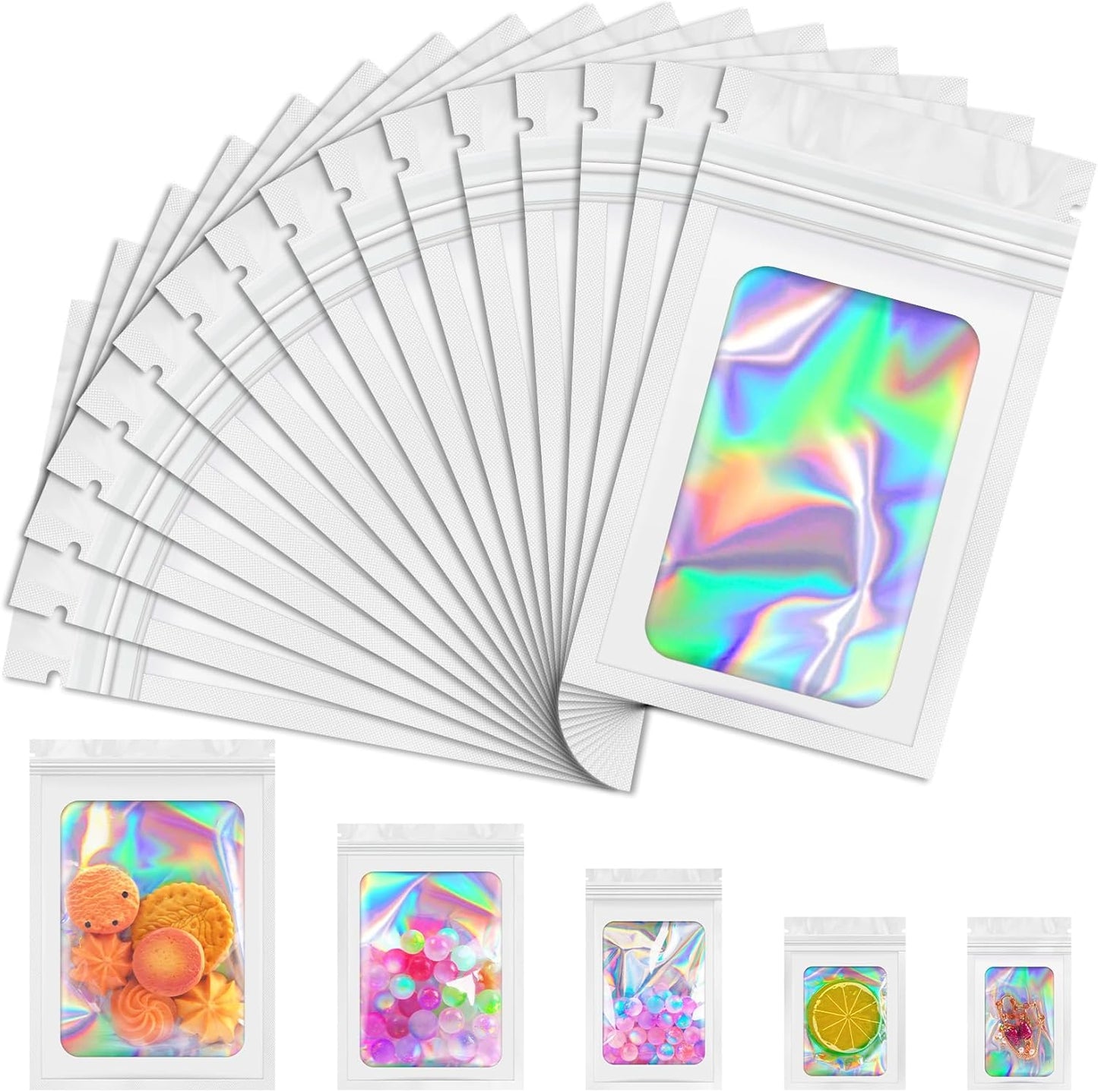 Mylar Bags, 100 PCS Holographic Bags, White Smell Proof Bags with Front Window, Small Business Packaging Supplies, Resealable Bags for Food Storage, Bracelets, Jewelry, Sample （2.4x3.9in）