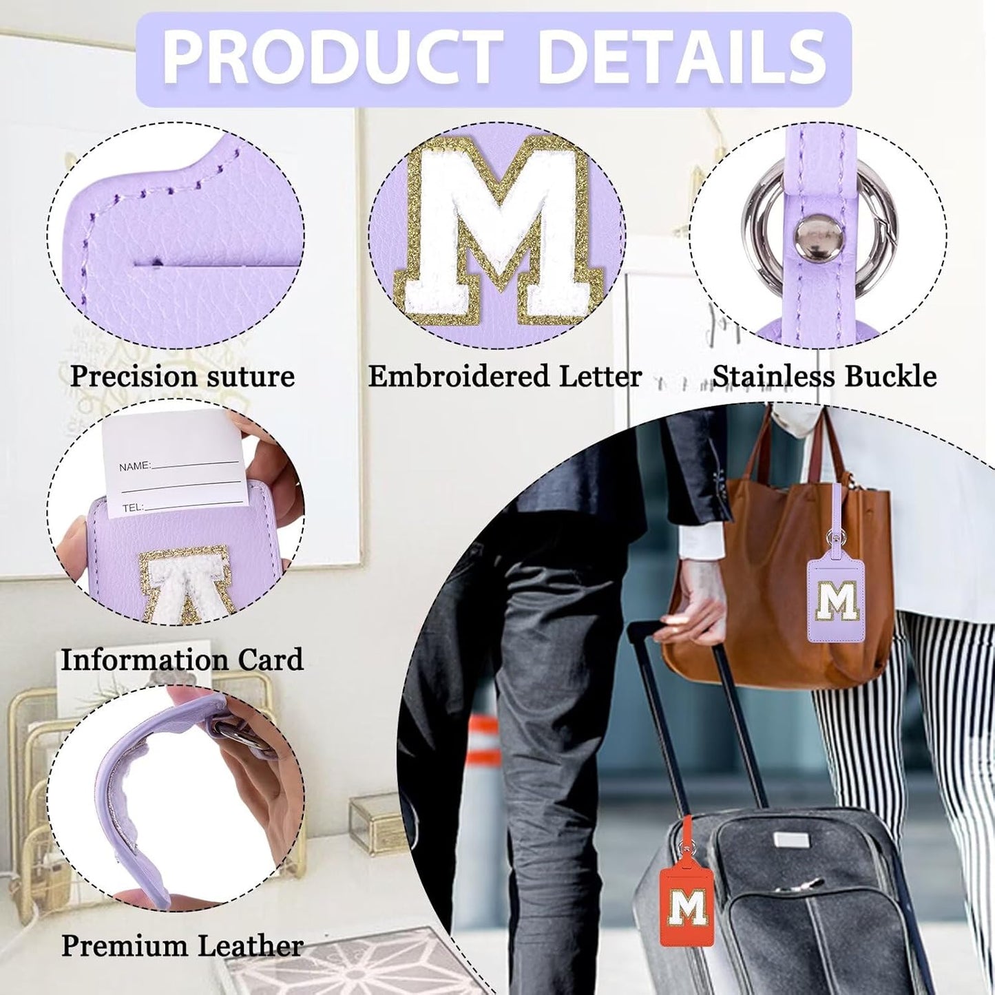 Personalized Initial Luggage Tags for Suitcases, Leather Chenille Letter Cute Luggage Tags with Privacy Name Card, Embroidered Travel Bag Backpack Tags Gifts for Women Kids Girls Teens(Purple-M)