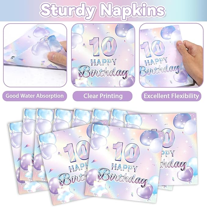 96Pcs Iridescent 10th Birthday Paper Plates and Napkins for Double Digits Party Dessert Cake Plates Disposable Decor 10 Years Old Parties Set for Kids Girls Boys 10-Year-Old Birthday Decorations