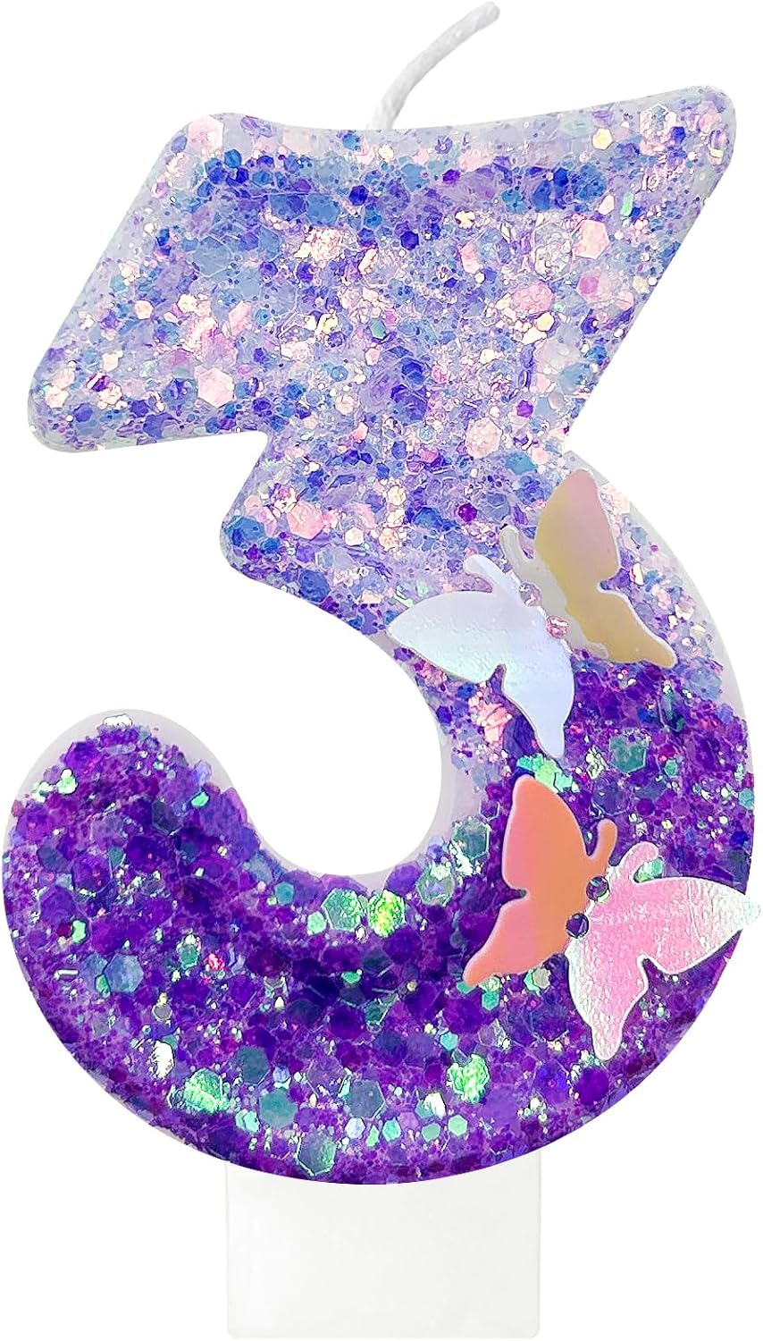 3Th Birthday Candle for Cake，Butterfly Cake Toppers，Butterfly Birthday Decorations，Purple Birthday Candles，for Birthdays,Theme Parties, Celebration, Anniversary