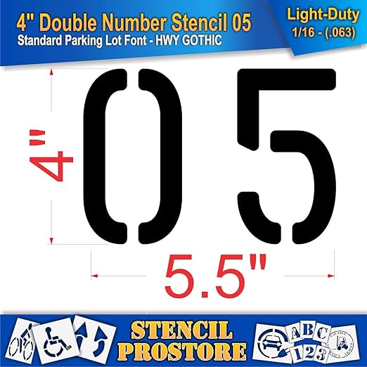 Pavement, Curb, and WheelStop Stencils - 4 inch Double Number Stencil - (05) - 4" x 5.5" x 1/16" (63 mil) - Light-Duty