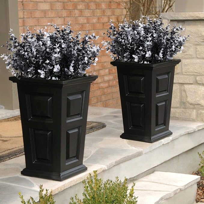 RECUTMS Black Artificial Flowers, 12 Pcs Fake Outdoor UV Resistant Plants Faux Plastic Greenery Shrubs Indoor Outside Hanging Planter Flower Decoration, Garden Decor (Black+White Eucalyptus)