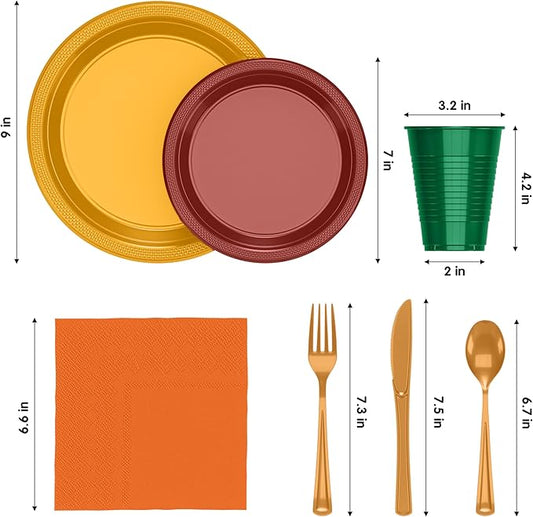 350 Pcs Thanksgiving Plastic Plates For Party, Thanksgiving Disposable Plates Set, 50 Of Each 9" Dinner Plate Set, 7" Dessert Plate, Cups, Napkins & Cutlery Plastic Dinnerware Exquisite
