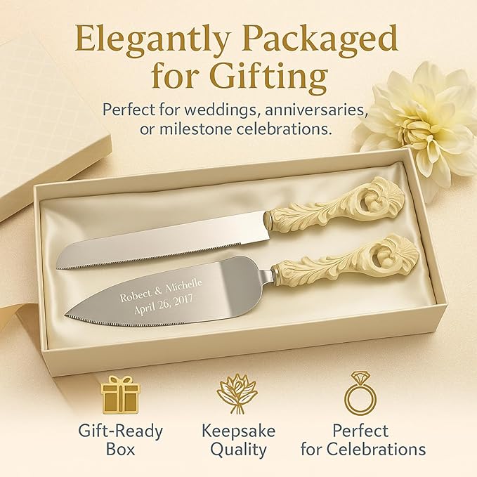 GIFTS INFINITY Personalized Wedding Cake Knife and Server Set with Engraving – Cake Cutting Utensil Set, Keepsake Gift for Wedding, Anniversary, Reception, Birthday & Other Occasions (2464)