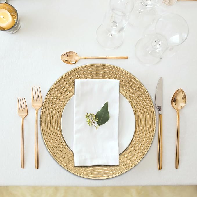 MAONAME 13" Gold Charger Plates Set of 12, Table Chargers for Dinner Plates, Faux Rattan Plastic Plate Chargers, Round Charger for Table Setting, Wedding Decor