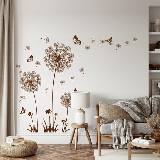 Supzone Dandelion Wall Stickers Flower Wall Decals Butterflies Flying Wall Decors Wall Art Stickers for Bedroom Living Room Sofa Backdrop TV Wall Decoration(Brown)