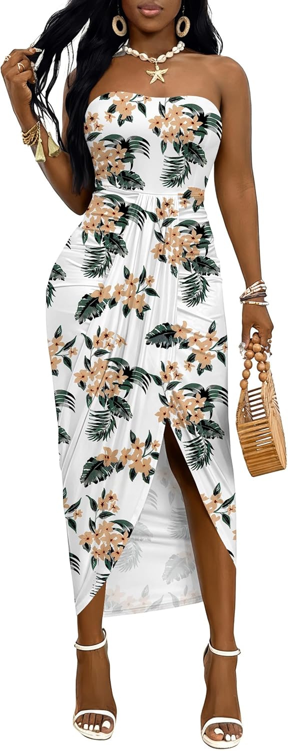 Umenlele Women's Strapless Ruched High Waist Wrap Split Asymmetrical Beach Maxi Long Dress