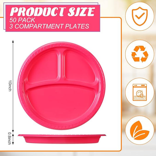 50 Pcs 10 Inch Plastic 3 Compartment Divided Plates Heavy Disposable Round Dinner Plates with Dividers for Wedding Birthday Party Dinnerware (Neon Color)
