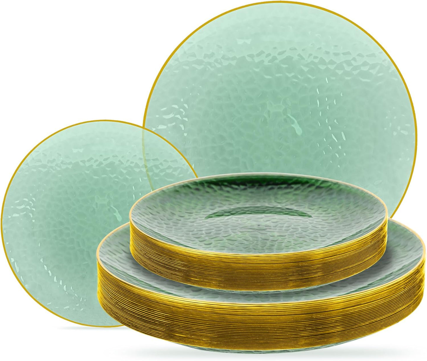 Lullaby 60pcs Green Plastic Plates with Gold Rim, Includes 30pcs Dinner Plate 10'' and 30pcs Clear Dessert Plate 7.5'', Green Disposable Plastic Plates for Parties, Birthdays and Wedding