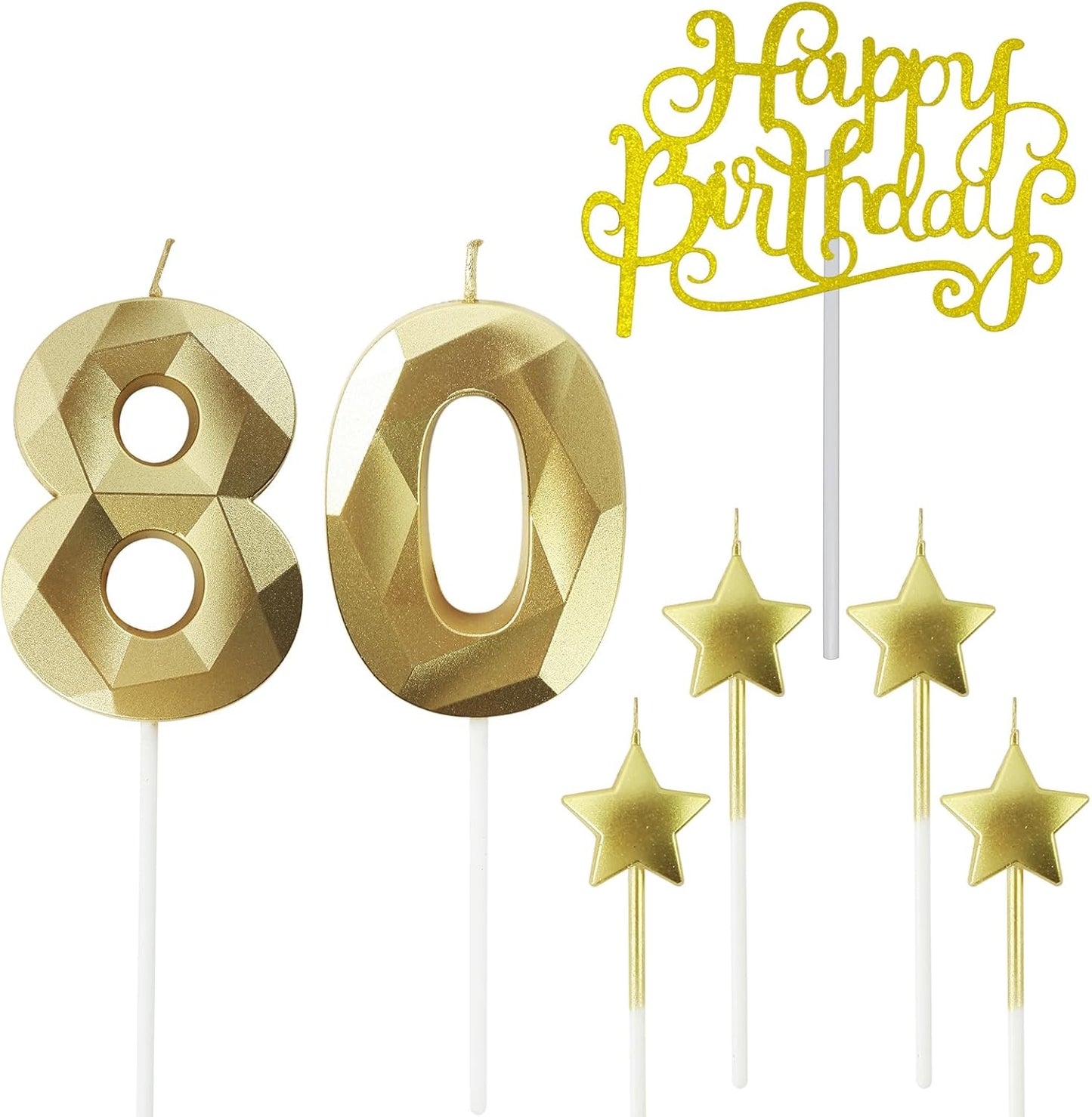 Golden Number 80 Birthday Candles and Star Birthday Candles, 2.76 inch, 3D Diamond Shaped, Suitable for Birthday Parties and Anniversary Cake Decorations