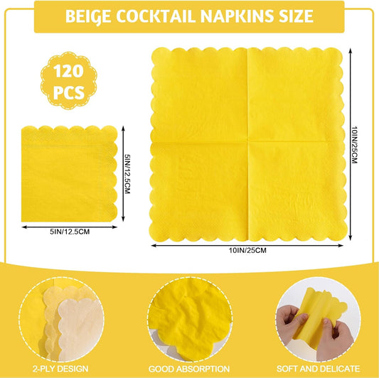 120 Pcs Yellow Cocktail Napkins Scalloped Picnic Napkins Disposable Lemon Dessert Beverage Napkins Spring Napkin for Birthday,Wedding