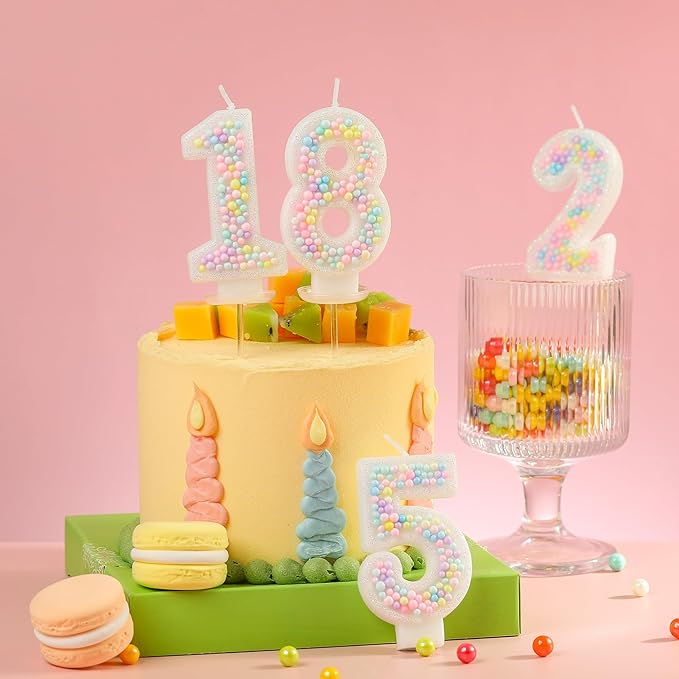 PHD CAKE Number 7 Birthday Candle Macaron Glitter Number Candle with Rainbow Spiral Candles in Holders for Cake Topper, Pastel Sweet Theme Party Decoration