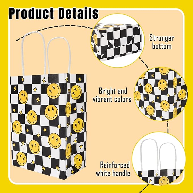 JarThenaAMCS 24Pcs One Happy Dude Party Favor Bags Smile Face Lightning Paper Gift Bag with Handles Checkered Goodie Treat Bags for Baby Shower Birthday Party Supplies
