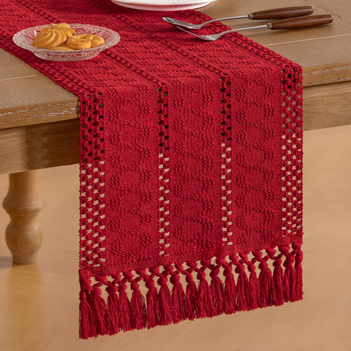 Socomi Boho Table Runner Fall Thanksgiving Farmhouse Rustic Dining Kitchen Centerpiece Decor Small Macrame Woven Cotton Linen Coffee Table Runner for Dresser Scarf Home Decor 12x48 in Red