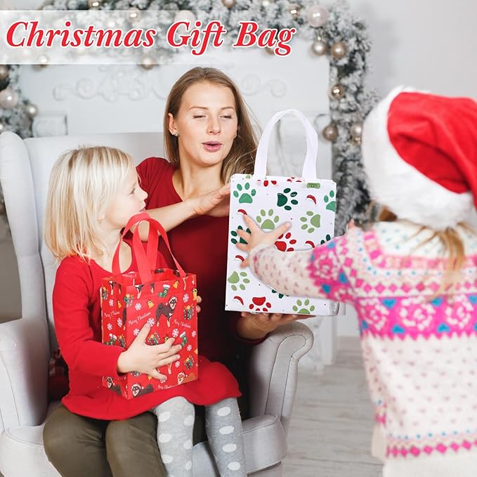 Wesnoy 24 Pcs Christmas Dog Gift Bags Bulk 10 x 8 x 4 Inch Reusable Non Woven Christmas Tote Treat Goodies Candy Bags with Handles Party Favors Supplies for Xmas Gift Holiday Party Decorations