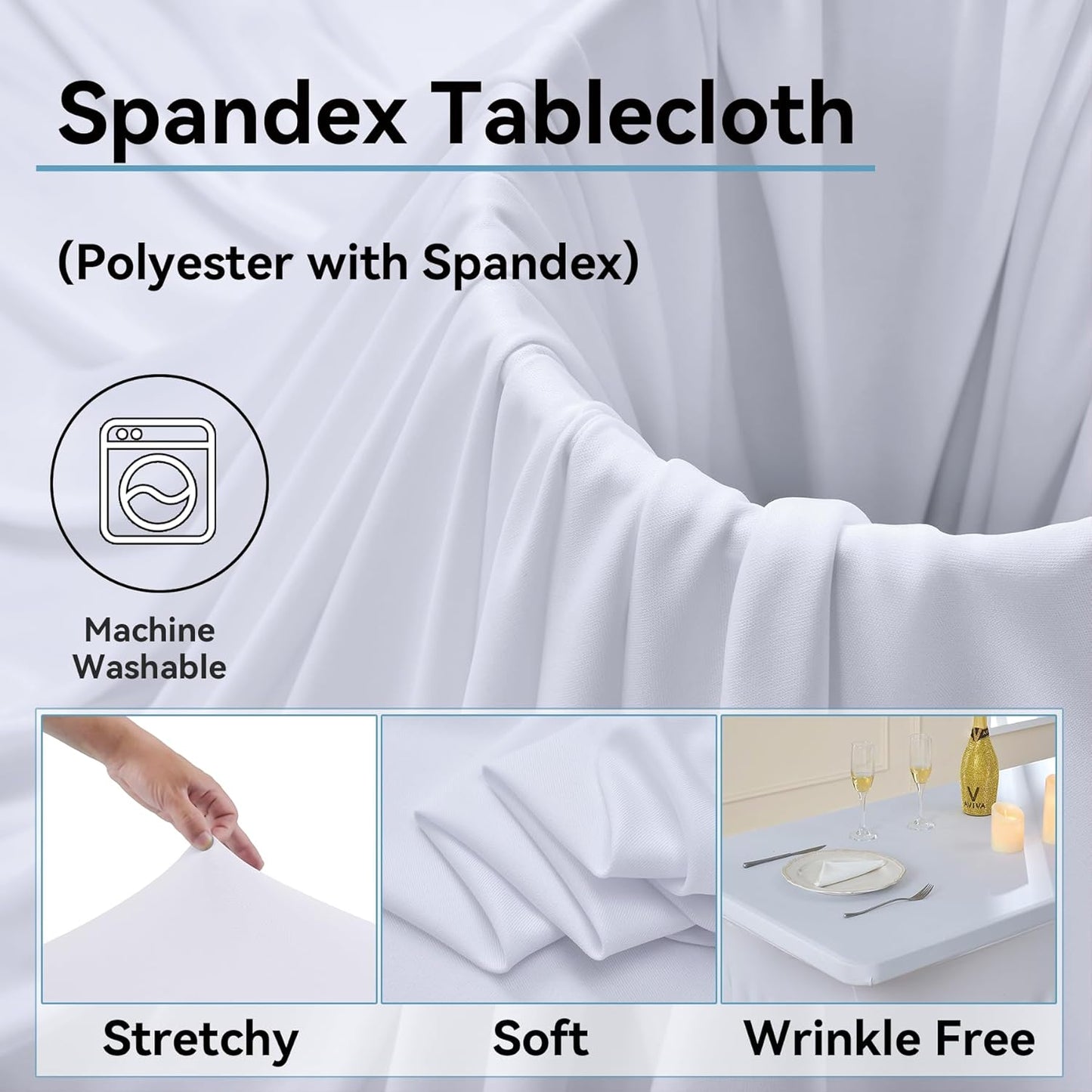 2 pk White Spandex Tablecloth 4ft with Ruffle Table Skirt, Wrinkle Free High Stretch Fitted Tablecloths for 6 Foot Rectangle Tables, Elastic Spandex Table Covers 6ft for Parties Weddings Banquet
