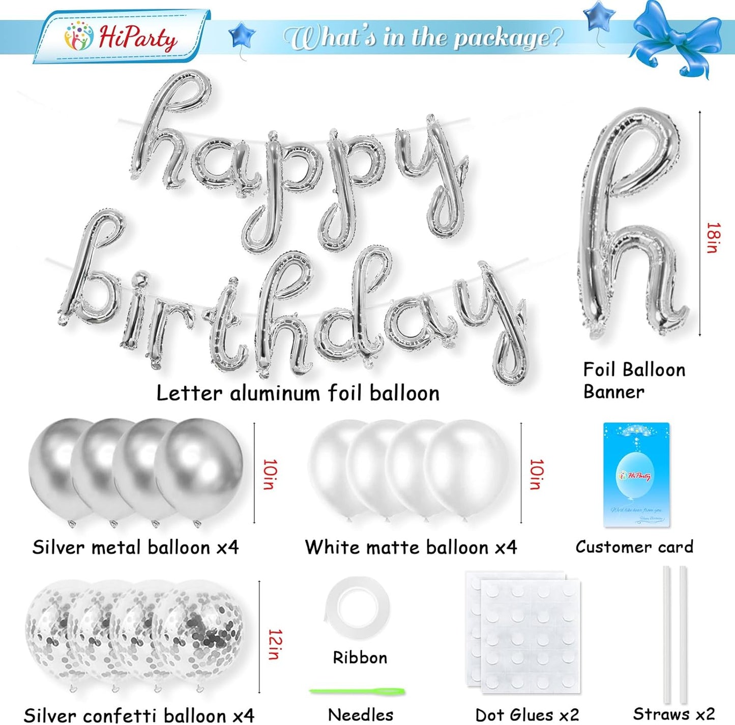 Silver Happy Birthday Banner, 25 pcs Cursive Silver Foil Letters Balloons Sign with Latex Balloons, Happy Birthday Party Decorations for Women Men Birthday Decor