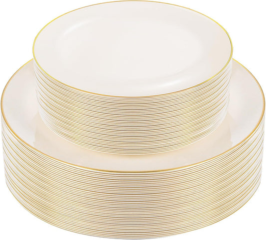 PULOTE 60 PCS Ivory Plastic Plates - Cream Plastic Disposable Include 30 Dinner and 30 Dessert Plates with Gold Rim - Ideal for Party & Wedding