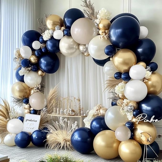 Navy Blue White Balloons Double Stuffed Dark Royal Blue White Gold Balloons Pearl Sand Balloon Garland Arch Kit for Birthday Baby Shower Father's Day Wedding Graduation Party Decorations