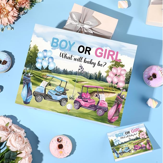 TagreSpike Golf Theme Gender Reveal Gift Bag with Tissue Paper & Card, Boy or Girl Paper Treat Bag for What Will Baby Be Golfing Party Decorations, Blue & Pink Baby Shower Supplies