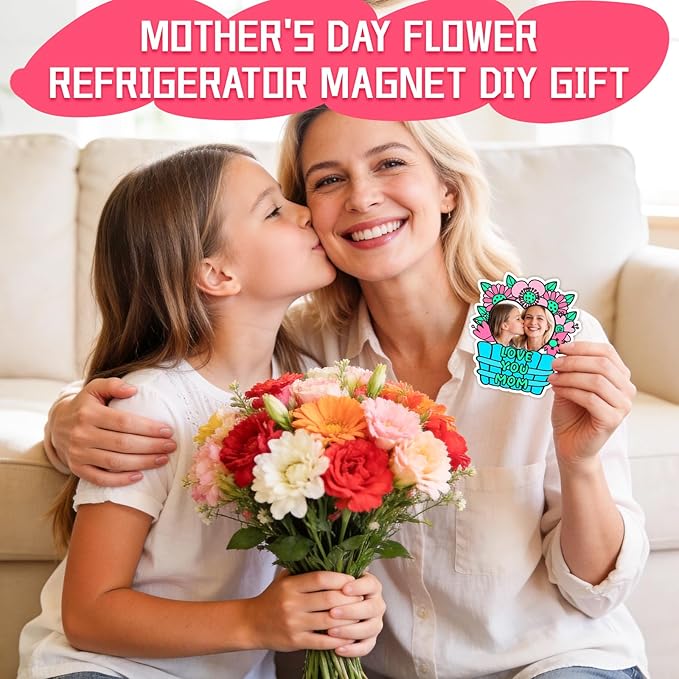 24 Set Mothers Day Crafts Picture Frame Fridge Magnet with Paint Pen Magnet, Mothers Day DIY Art Paper Flower Decorations Kit for Classroom Gifts School Craft Activities Home Party Favor Bulk Supplies
