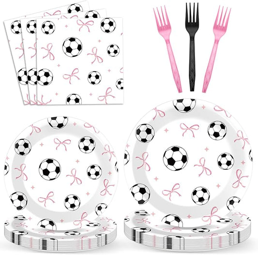 96PCS Soccer and Bow Party Paper Plates and Napkins for Sports Themed Party Dessert Cake Plates Disposable Decor Pink Bow Soccer Birthday Parties Set for Boys Girls Birthday Gatherings Decorations