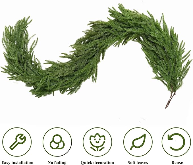 4 Pcs 9FT Christmas Garland, Christmas Decorations, Artificial Norfolk Pine Garland, Faux Greenery Garland for Mantle Fireplace Table Door Wall Upstairs Indoor Outdoor Holiday Xmas Decor