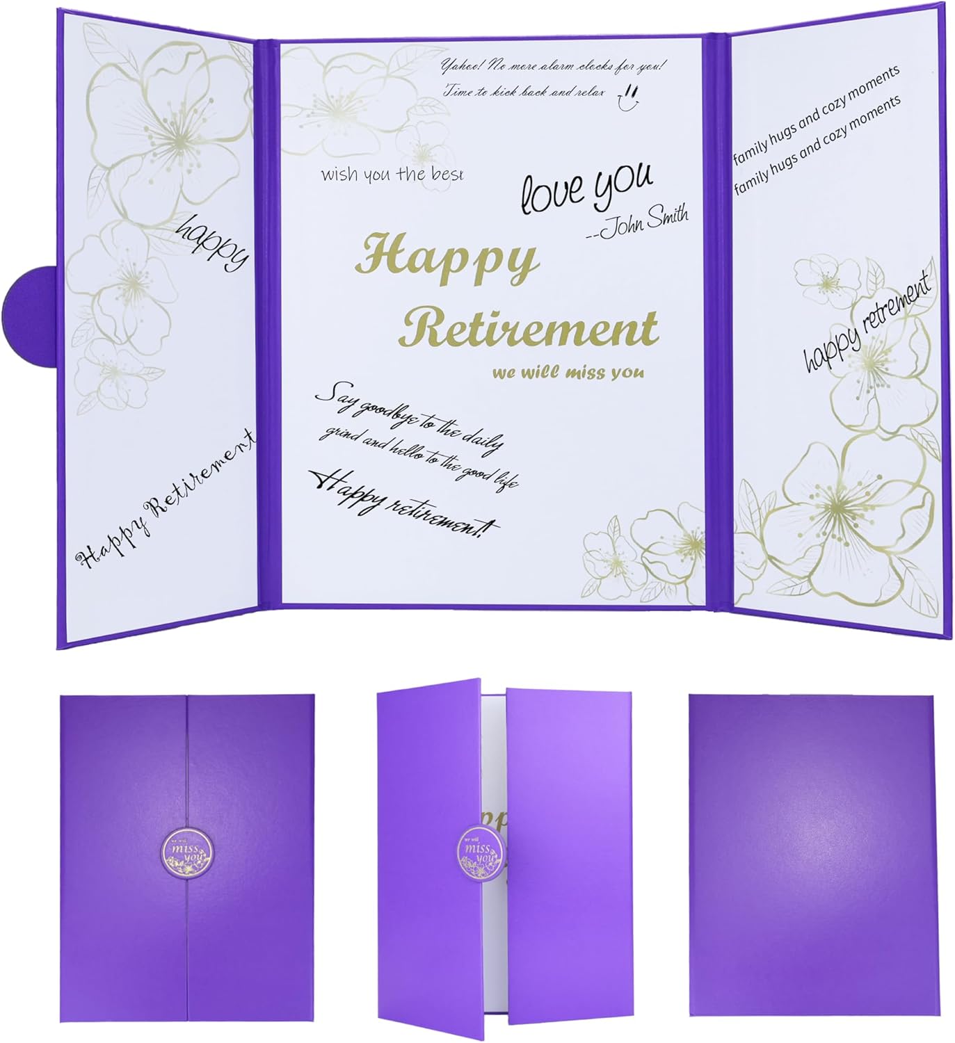 Large Retirement Card, Purple Gold Retirement Guest Book Alternative, Retirement Card for Man Woman, Happy Retirement Gifts Signature Board Book for Retirement Party Decorations