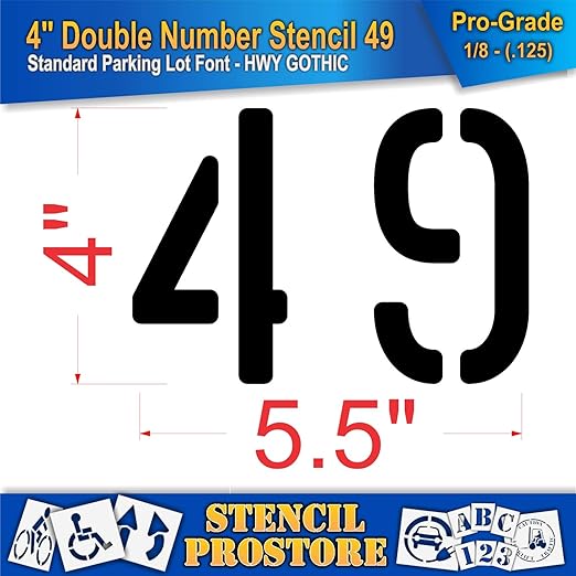 Pavement, Curb, and WheelStop Stencils - 4 inch Double Number Stencil - (49) - 4" x 5.5" x 1/8" (128 mil) - Pro-Grade