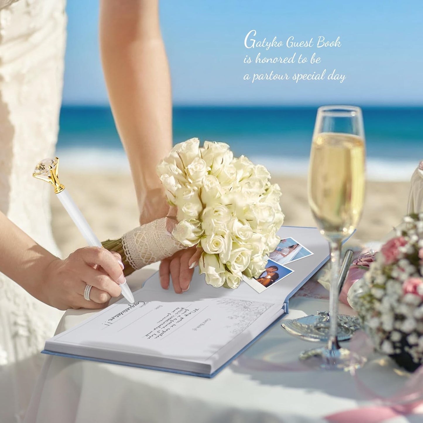 Embroidered Wedding Guest Book—The Perfect Polaroid Guest Book for Wedding Receptions, Birthdays, Baby Showers, and Special Events with 3 Photo Corner Stickers+ 3 DIY pens+1 Diamond Pen (Blue)