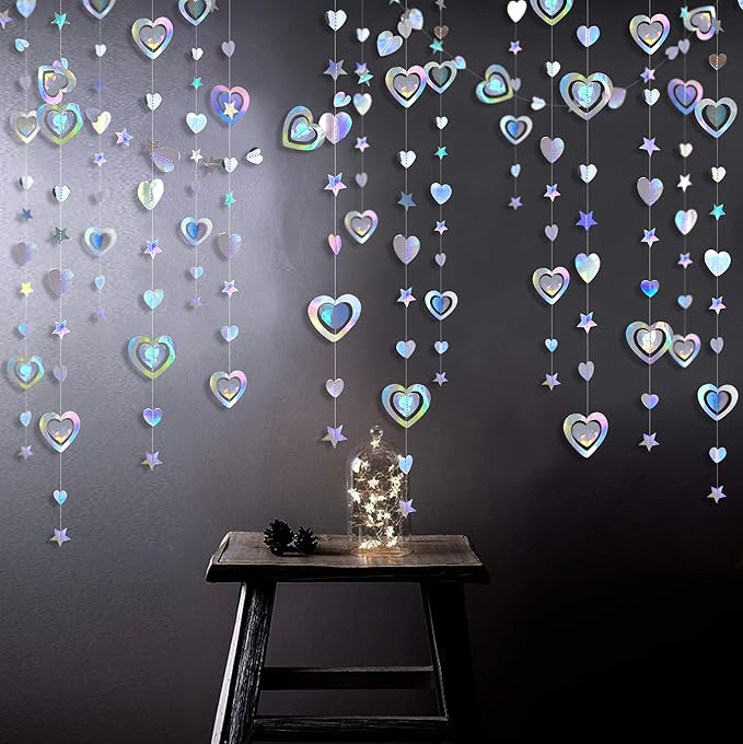 40Ft Iridescent 3D Heart Twinkle Star Garland Holographic Paper Streamer Banner for Birthday Mother's Day Anniversary Engagement Wedding Bridal Baby Shower Hen Valentines Day Party Decoration Supplies