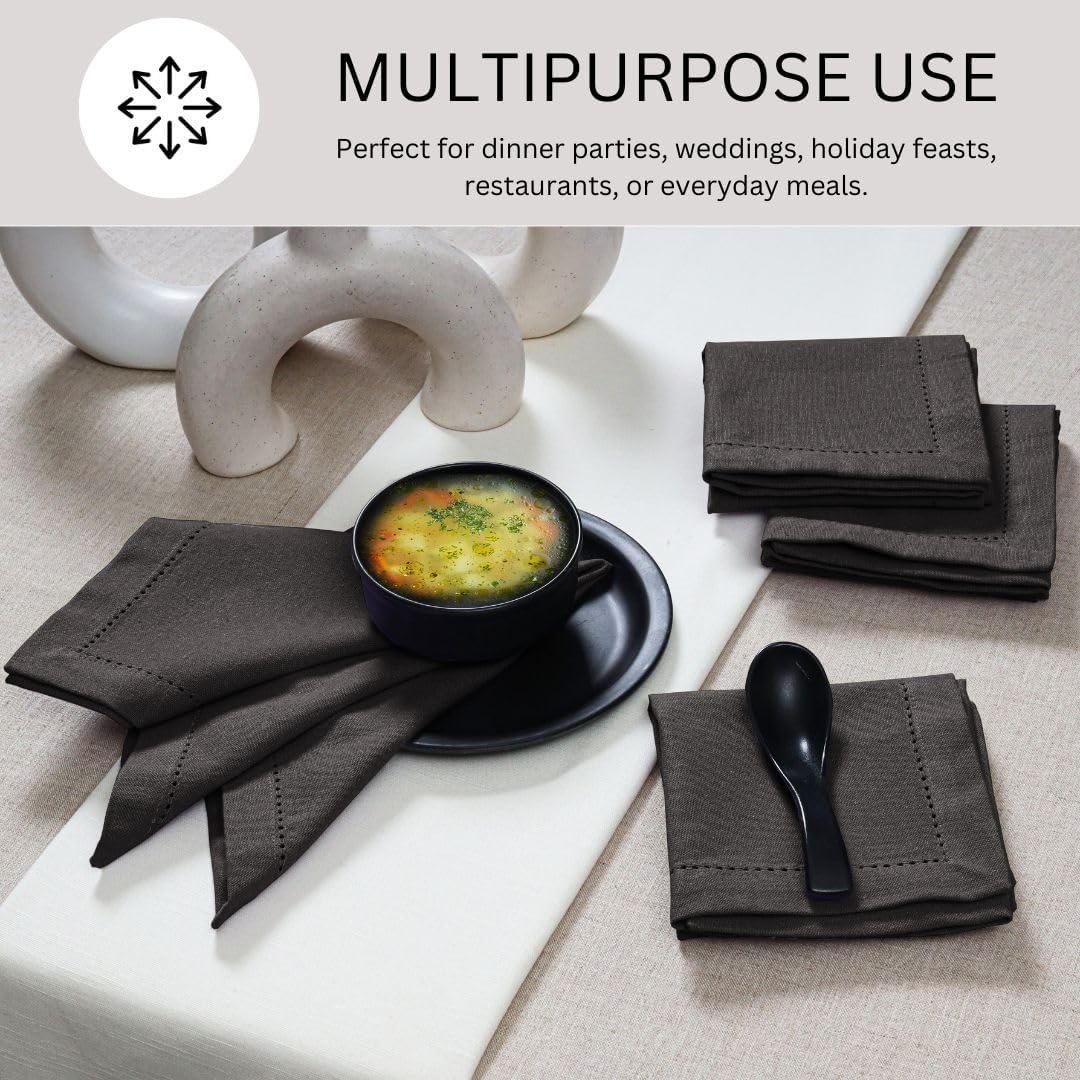 Hemstitch Cloth Dinner Napkins 100% Cotton Set of 12 - for Dining Special Occasions Weddings Parties Holidays Easter - Soft Durable Washable - 18x18 Inch Table Cloth Napkins Charcoal Grey