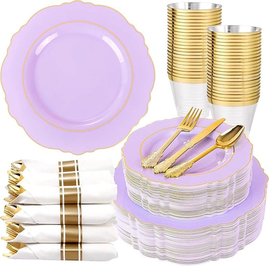 Liacere 175PCS Purple Plastic Plates-Disposable Lavender Plates 25guest Baroque Plastic Dinnerware include 50Plates, 25Pack Pre Rolled Napkins with Silverware 25Cups for Galentines Day&Easter Day