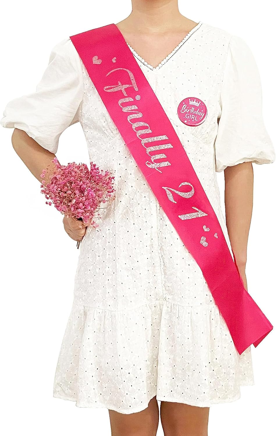 21st Birthday Sash, Hot Pink Satin Soft Sashes with Silver Glitter Letter, Birthday Decorations for Girls, Happy 21st Birthday Party Favor Supplies,hot Pink