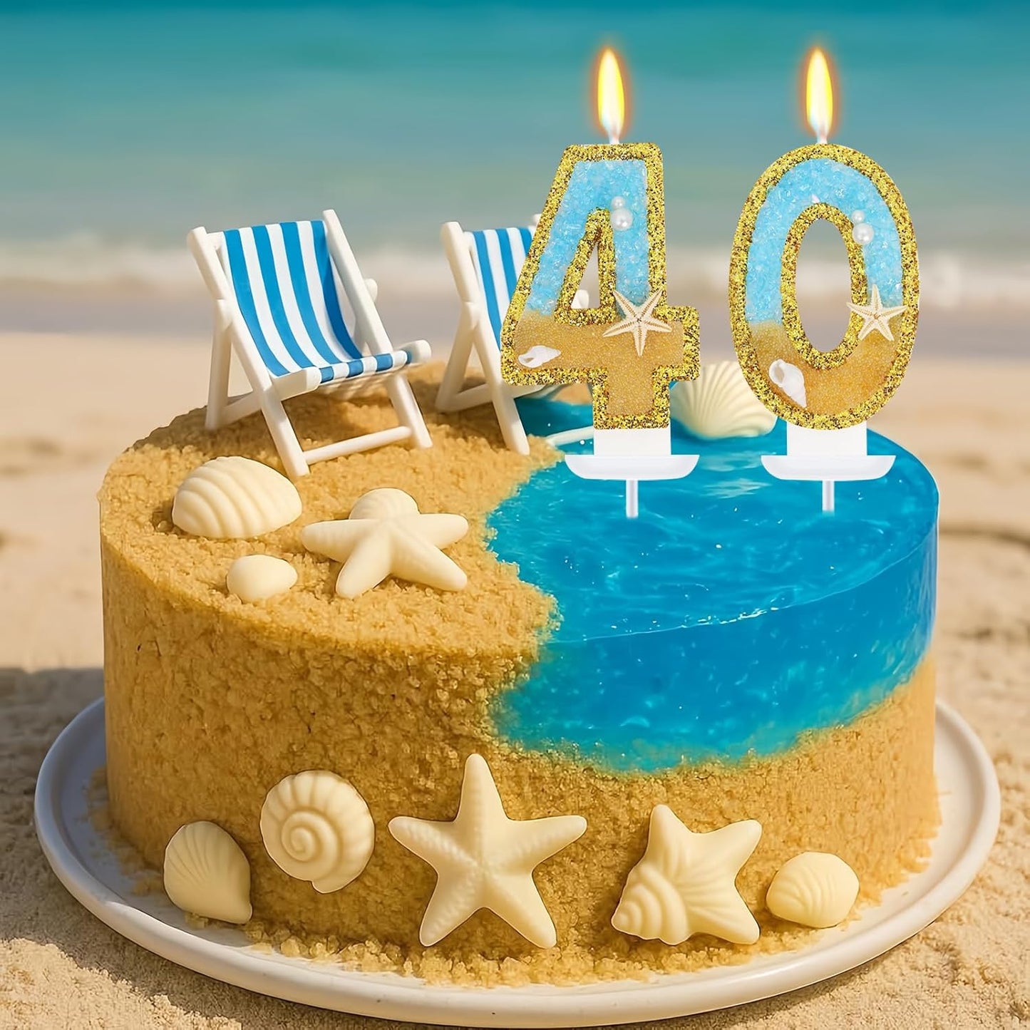 Ocean Number 40 Candle, Glitter Gold Beach Starfish Cake Topper, Tropical Ocean Princess Birthday Decorations for Party Supplies Wedding Anniversaries