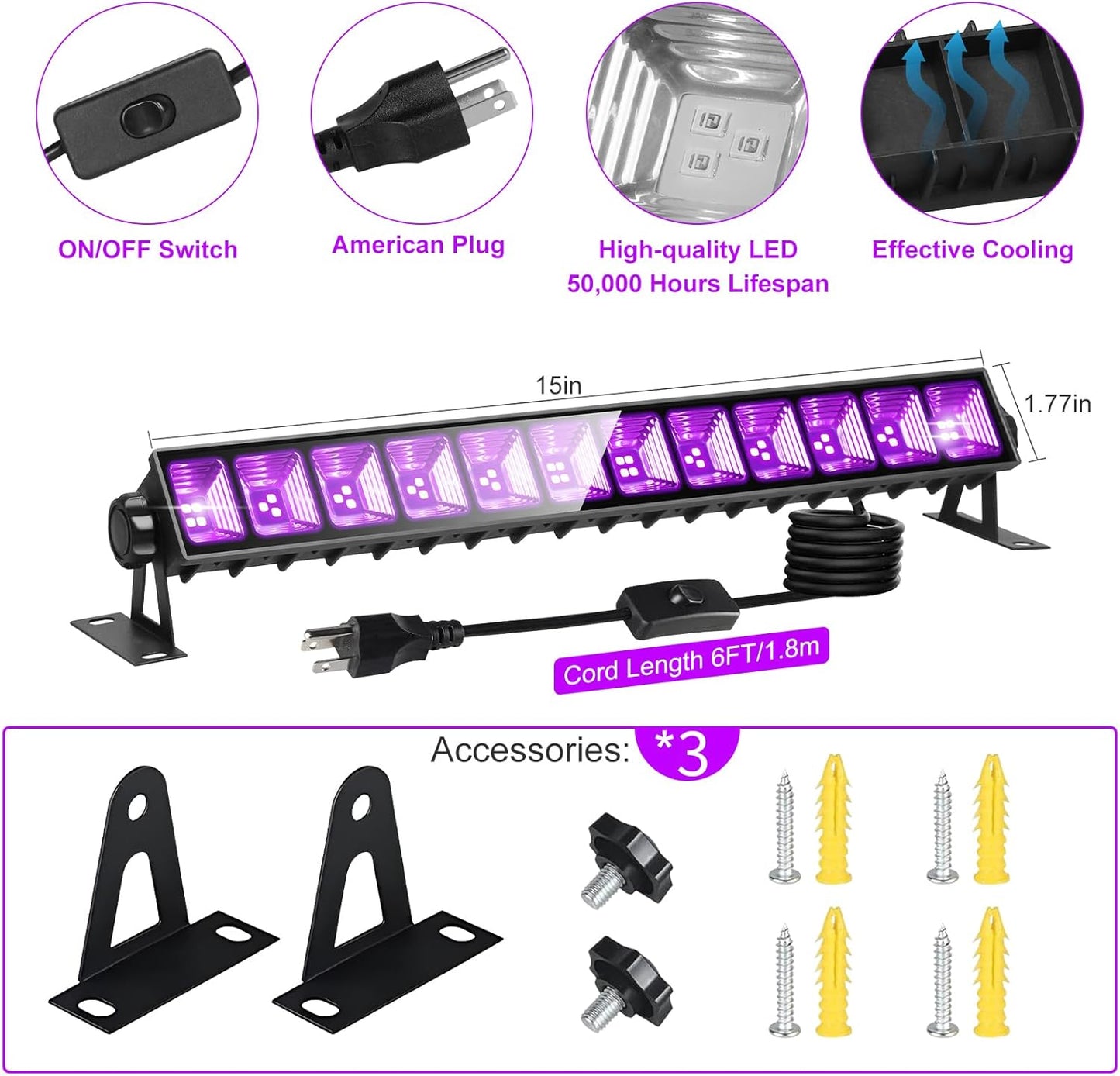 3 Pack 40W LED Black Light Bar, Black Lights Light Up 1500ft² with Switch+Plug+6ft Cord, for Glow Party Supply, Halloween, Bedroom, Body Paint, Fluorescent Party
