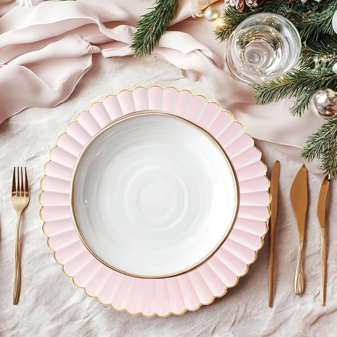 Pink Chargers for Dinner Plates, 13 Inch Plastic Charger Plates, Decorative Chargers for Wedding Party, Tabletop Decor. (Set of 6)