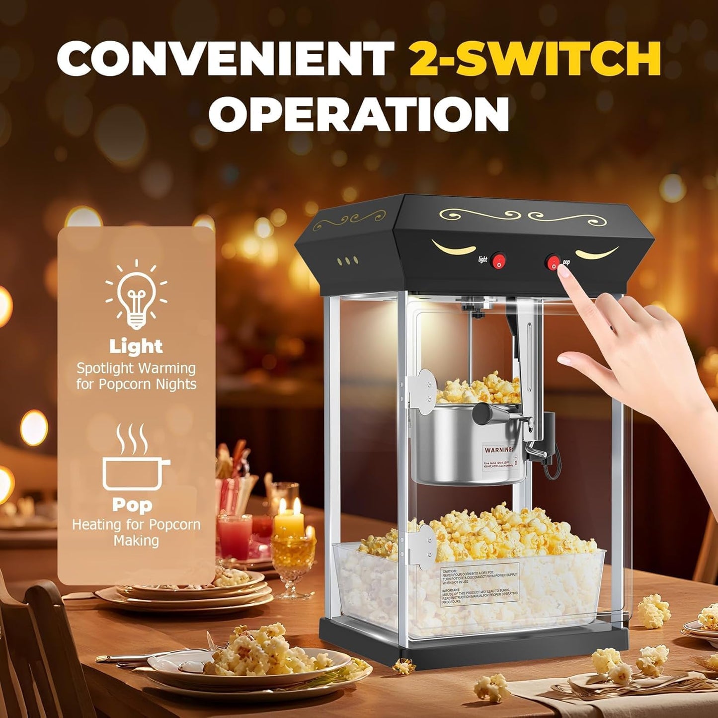 8 oz Popcorn Machine Cart, Popcorn Maker Machine with Stainless-Steel Kettle Makes Up to 32 Cups, Movie Theater Style Pop Corn Machine with Heated Warming Deck, 2025 Upgraded, Black