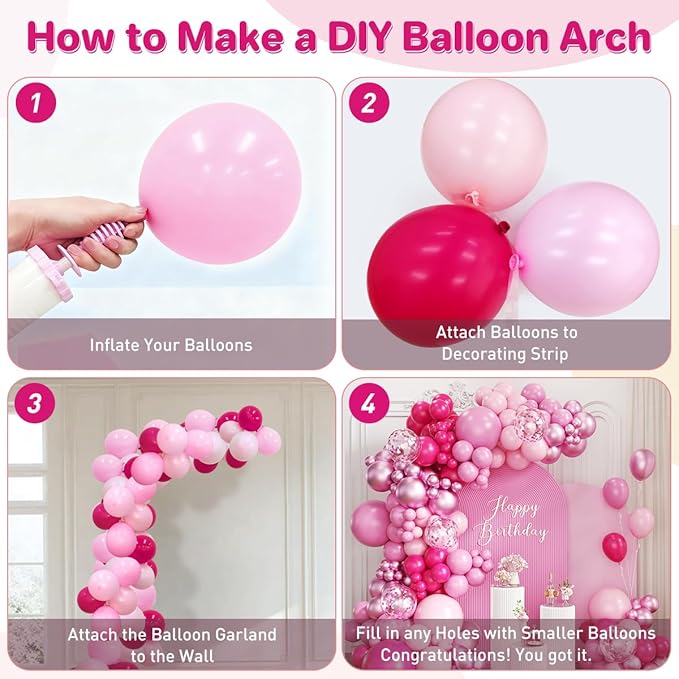 ZHIYAPA Pink Balloon Garland Arch Kit, 167Pcs Hot Light Pastel Latex Metallic Shades of Pink Balloons for Birthday Bridal Baby Shower Wedding Party Decorations