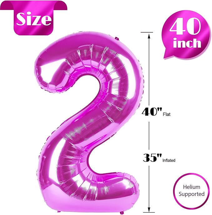 Rosy Purple 2 Balloon, Number Balloons 40 Inch, 2nd Balloon Number Birthday Decorations, Second Two Birthday Party Supplies, Number 2 Balloon