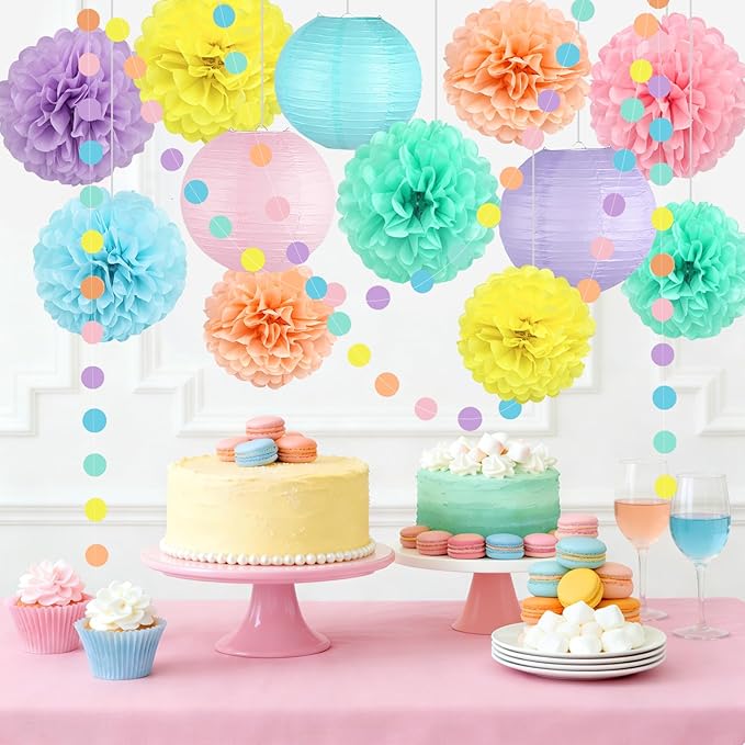 14 Pcs Pastel Party Decorations Kit - Macaron Tissue Paper Pom Poms, Lanterns & Polka Dot Garland for Girls Birthday, Baby Shower, Unicorn Ice Cream Donut Theme, Easter & Classroom Decor