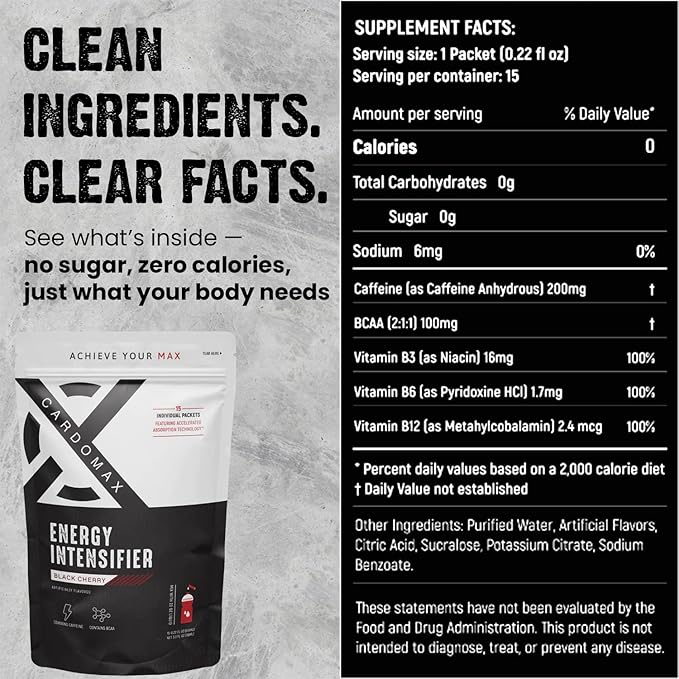 CardoMax - Energy Drink Packets - Liquid Preworkout for Men & Women Caffeine Packets with BCAA, Vitamin B12, Vitamin B6 & B3 - Sugar-Free, Zero Calorie, Vegan & Keto - 15 Stick Packs - Black Cherry