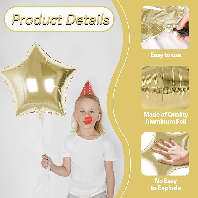 Gold Star Foil Balloons, 10PCS Light Gold Foil Stars Shape Balloon, 18 Inch Metallic Gold Balloons for Helium Pentagram Balloon for Birthday, Wedding, Graduation, Baby Shower Party Decorations