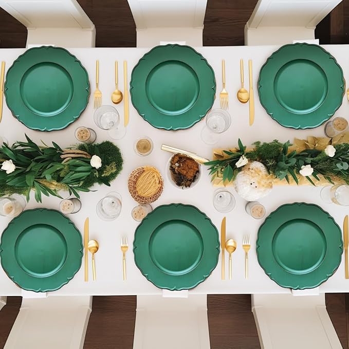 Antique Green Charger Plates, 13" Round Chargers for Dinner Plates, Set of 6 Plastic Plate Chargers for Weddings, Parties, Table Setting.