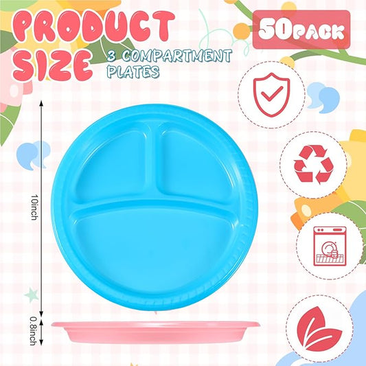 50 Pcs 10 Inch Plastic 3 Compartment Divided Plates Heavy Disposable Round Dinner Plates with Dividers for Wedding Birthday Party Dinnerware (Pink, Blue)