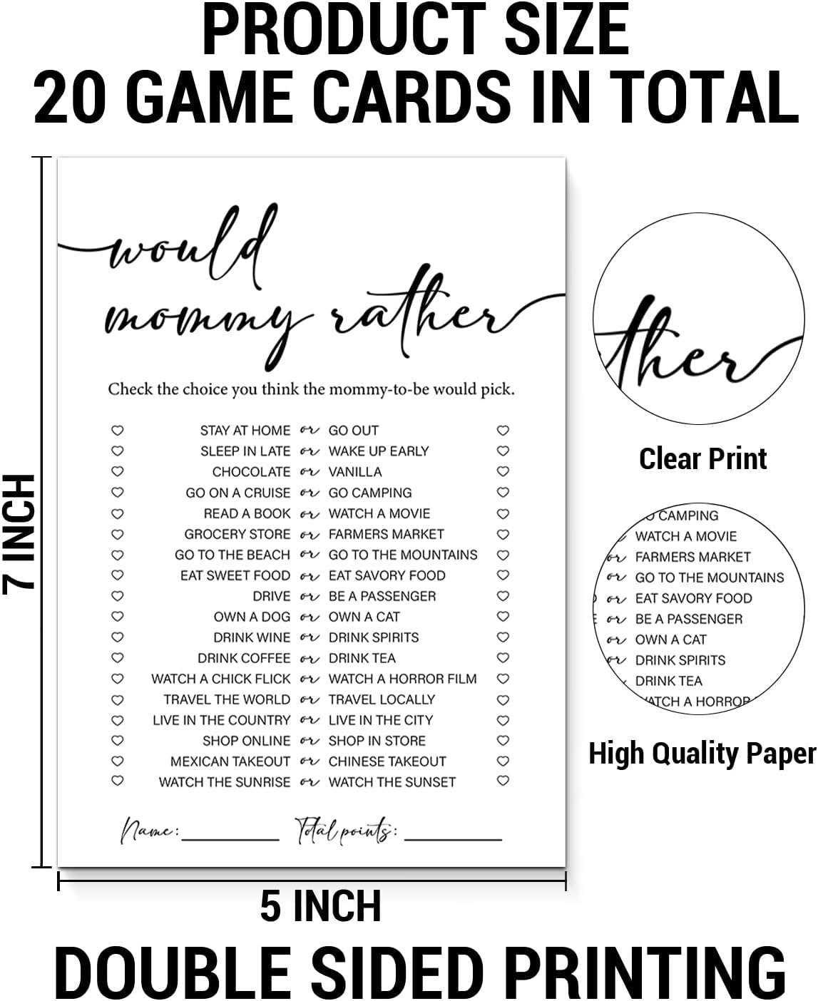 Would Mommy Rather Baby Shower Games, 20 Minimalist White Baby Shower Game Cards, Gender Neutral Boy or Girl, Who Knows Mommy Best