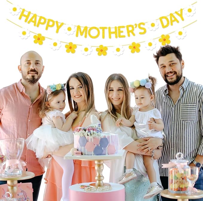 Happy Mother's Day Banner Set Decoration for Mother's Day Party Decorations Backdrop Garland for Mom Mother's Day Glitter Garland Photo Props (Gold Daisy)