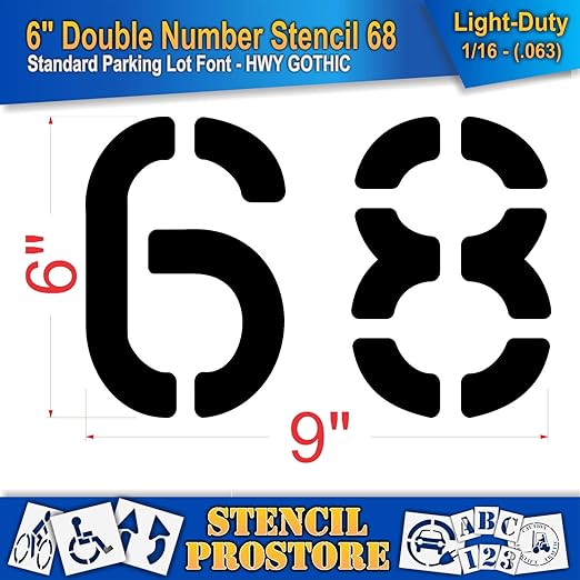 Pavement, Curb, and WheelStop Stencils - 6 inch Double Number Stencil - (68) - 6" x 9" x 1/16" (63 mil) - Light-Duty
