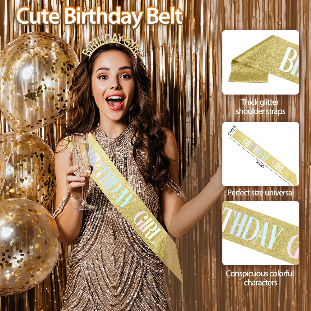Women's Birthday Girl Sash and Crown Set: Glitter Gold Yellow Rhinestone Headband, Happy Princess Tiara Accessories