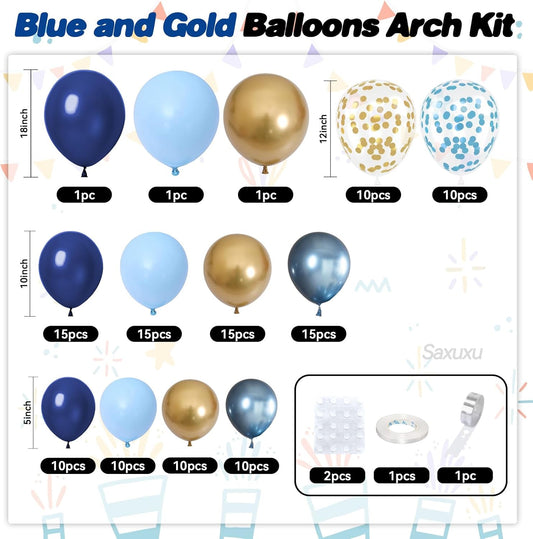 Blue And Gold Balloon Arch Kit, Blue Gold Balloons Garland Arch Kit, Navy Royal Metallic Confetti Balloons For Boy Men Birthday Father's Day Graduation Party Wedding Baby Shower Decorations